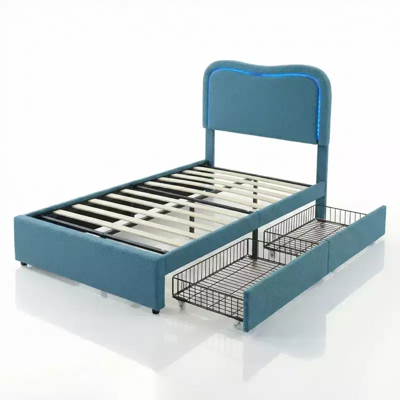 Boucle Twin Bed Frame with LED Headboard & Storage Drawers,Upholstered Platform Bed, Solid Wood Slats, No Box Spring Needed for Kids & Teens