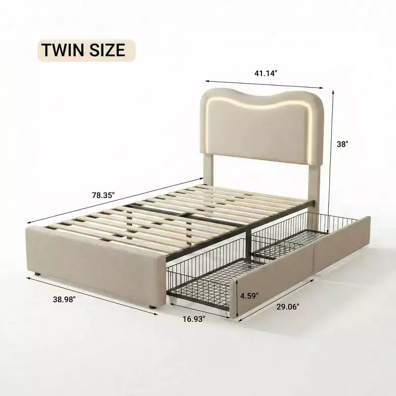 Boucle Twin Bed Frame with LED Headboard & Storage Drawers,Upholstered Platform Bed, Solid Wood Slats, No Box Spring Needed for Kids & Teens