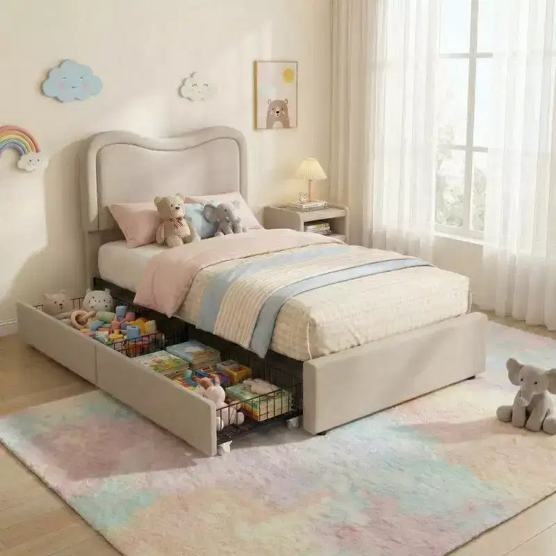 Boucle Twin Bed Frame with LED Headboard & Storage Drawers,Upholstered Platform Bed, Solid Wood Slats, No Box Spring Needed for Kids & Teens