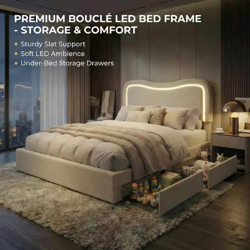 Boucle Twin Bed Frame with LED Headboard & Storage Drawers,Upholstered Platform Bed, Solid Wood Slats, No Box Spring Needed for Kids & Teens