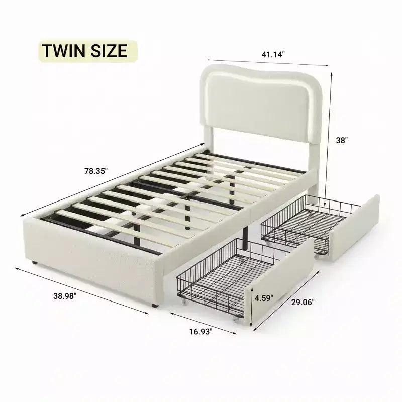Boucle Twin Bed Frame with LED Headboard & Storage Drawers,Upholstered Platform Bed, Solid Wood Slats, No Box Spring Needed for Kids & Teens