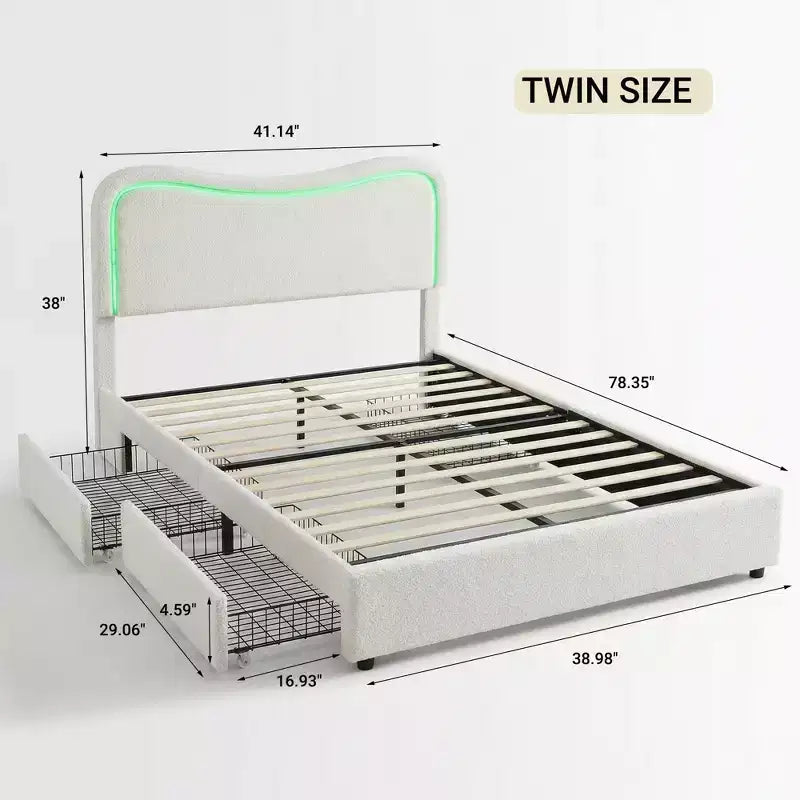 Boucle Twin Bed Frame with LED Headboard & Storage Drawers,Upholstered Platform Bed, Solid Wood Slats, No Box Spring Needed for Kids & Teens