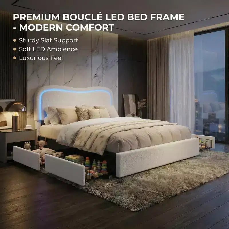 Boucle Twin Bed Frame with LED Headboard & Storage Drawers,Upholstered Platform Bed, Solid Wood Slats, No Box Spring Needed for Kids & Teens
