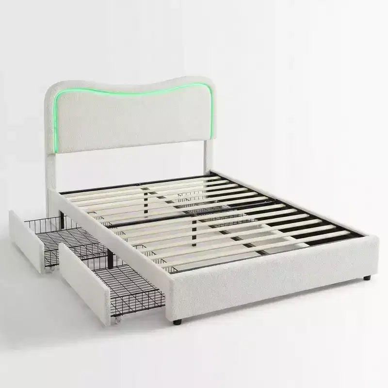 Boucle Twin Bed Frame with LED Headboard & Storage Drawers,Upholstered Platform Bed, Solid Wood Slats, No Box Spring Needed for Kids & Teens