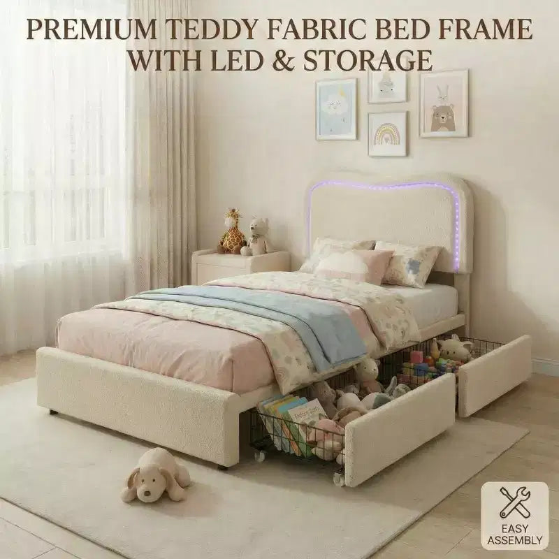 Boucle Twin Bed Frame with LED Headboard & Storage Drawers,Upholstered Platform Bed, Solid Wood Slats, No Box Spring Needed for Kids & Teens