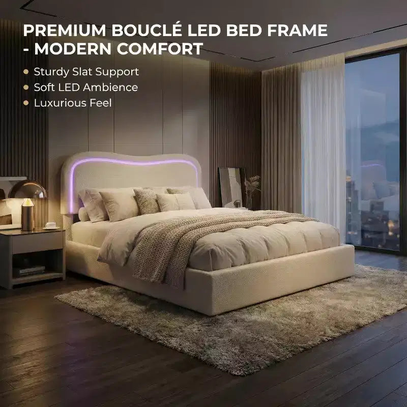 Boucle Twin Bed Frame with LED Headboard & Storage Drawers,Upholstered Platform Bed, Solid Wood Slats, No Box Spring Needed for Kids & Teens