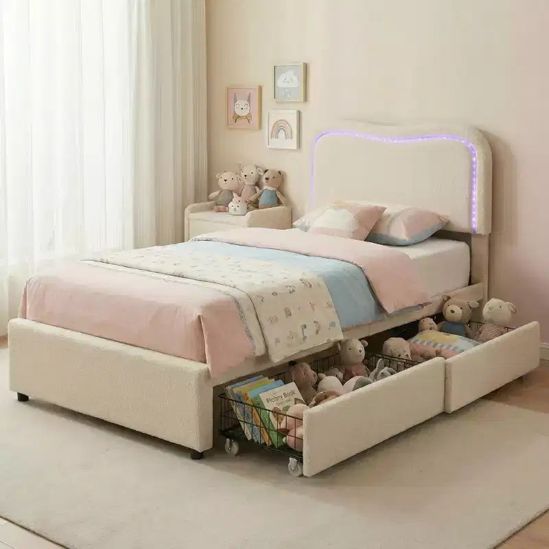 Boucle Twin Bed Frame with LED Headboard & Storage Drawers,Upholstered Platform Bed, Solid Wood Slats, No Box Spring Needed for Kids & Teens