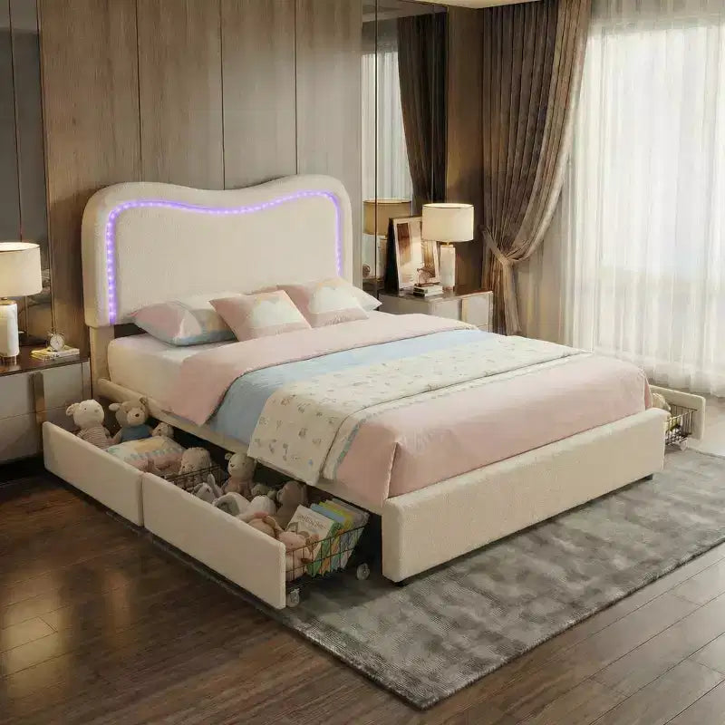 Boucle Twin Bed Frame with LED Headboard & Storage Drawers,Upholstered Platform Bed, Solid Wood Slats, No Box Spring Needed for Kids & Teens