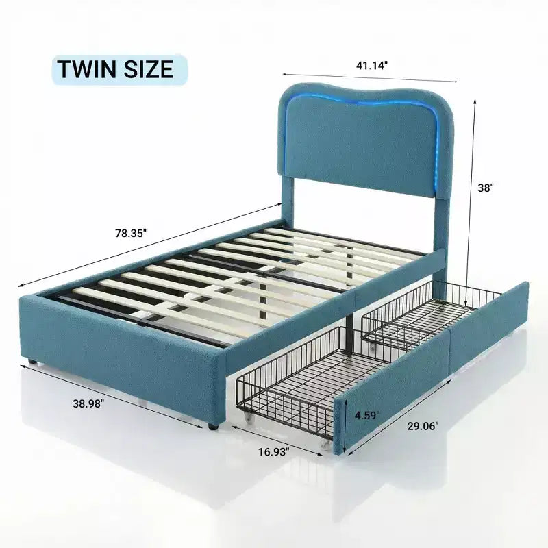 Boucle Twin Bed Frame with LED Headboard & Storage Drawers,Upholstered Platform Bed, Solid Wood Slats, No Box Spring Needed for Kids & Teens