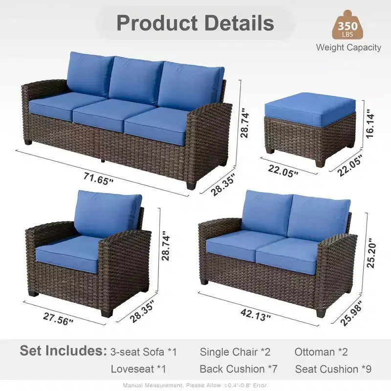 HOMLUX Ensemble de conversation de terrasse en osier 6 pièces avec canapé 3 places avec coussins, causeuse, chaises en rotin, poufs pour jardin et arrière-cour