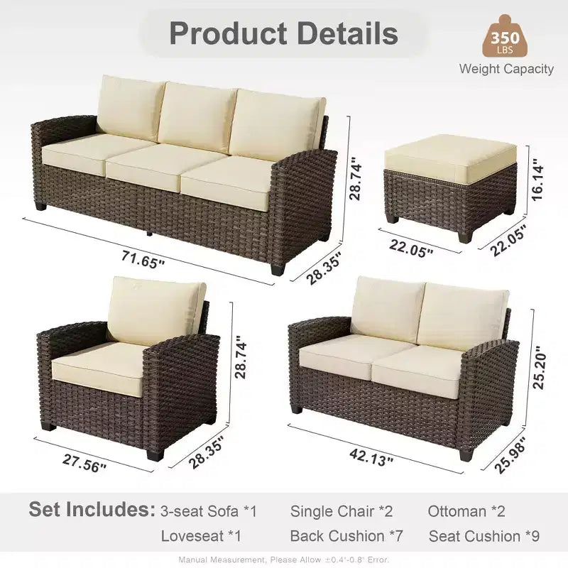 HOMLUX Ensemble de conversation de terrasse en osier 6 pièces avec canapé 3 places avec coussins, causeuse, chaises en rotin, poufs pour jardin et arrière-cour