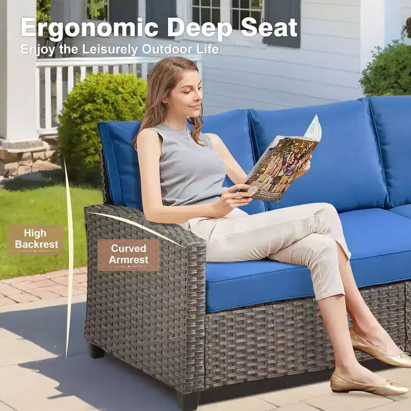 HOMLUX Ensemble de conversation de terrasse en osier 6 pièces avec canapé 3 places avec coussins, causeuse, chaises en rotin, poufs pour jardin et arrière-cour