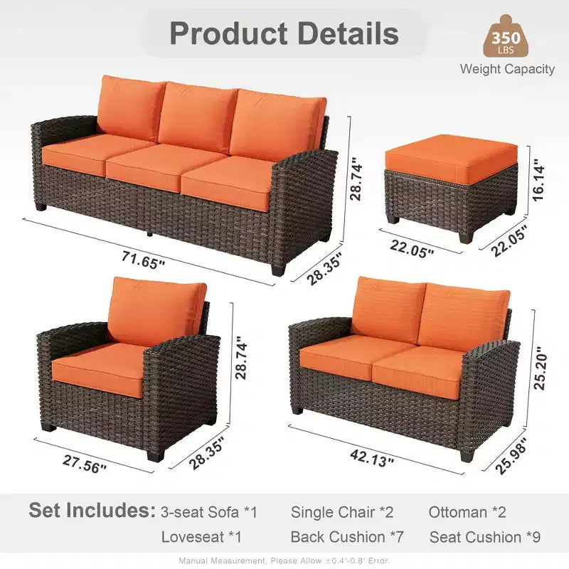 HOMLUX Ensemble de conversation de terrasse en osier 6 pièces avec canapé 3 places avec coussins, causeuse, chaises en rotin, poufs pour jardin et arrière-cour