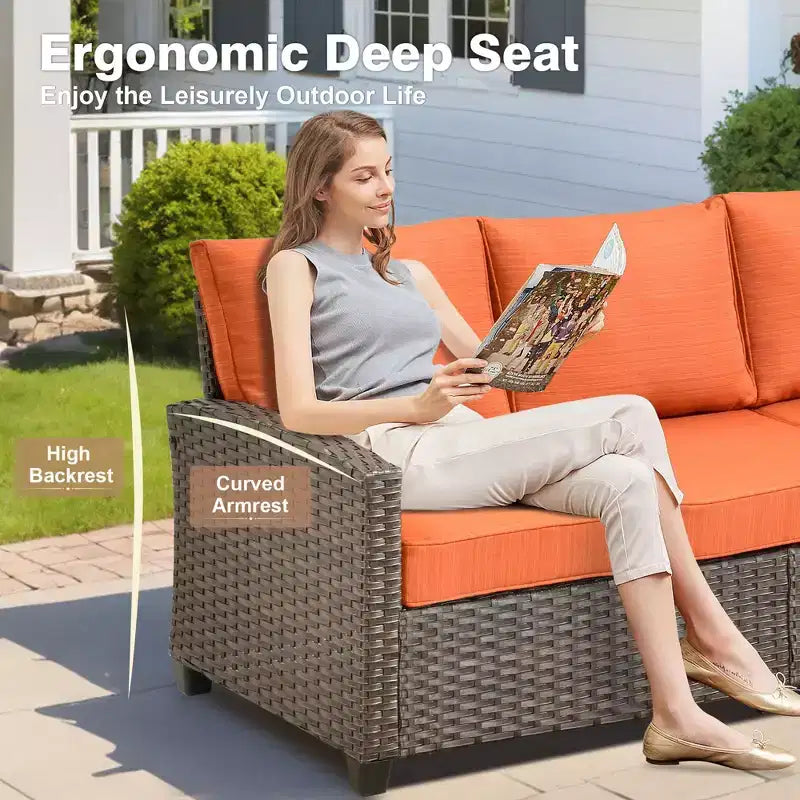 HOMLUX Ensemble de conversation de terrasse en osier 6 pièces avec canapé 3 places avec coussins, causeuse, chaises en rotin, poufs pour jardin et arrière-cour