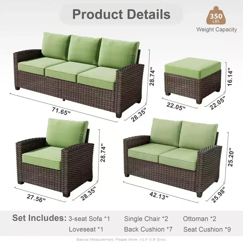 HOMLUX Ensemble de conversation de terrasse en osier 6 pièces avec canapé 3 places avec coussins, causeuse, chaises en rotin, poufs pour jardin et arrière-cour
