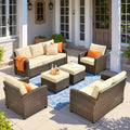 HOMLUX Ensemble de conversation de terrasse en osier 6 pièces avec canapé 3 places avec coussins, causeuse, chaises en rotin, poufs pour jardin et arrière-cour