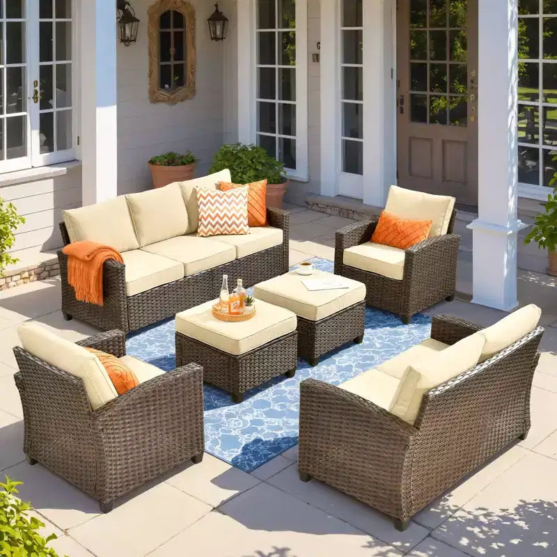 HOMLUX Ensemble de conversation de terrasse en osier 6 pièces avec canapé 3 places avec coussins, causeuse, chaises en rotin, poufs pour jardin et arrière-cour