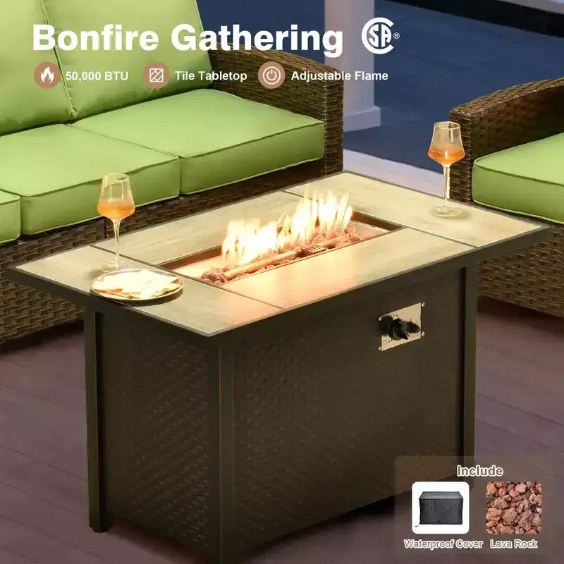 HOMLUX Ensemble de canapé d'extérieur 4 saisons 3+2+2 places avec foyer, mobilier de terrasse résistant aux intempéries pour le jardin