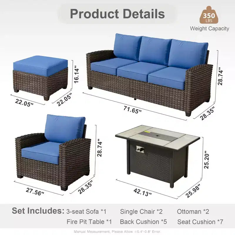 HOMLUX Ensemble de canapé d'extérieur 4 saisons 3+2+2 places avec foyer, mobilier de terrasse résistant aux intempéries pour le jardin