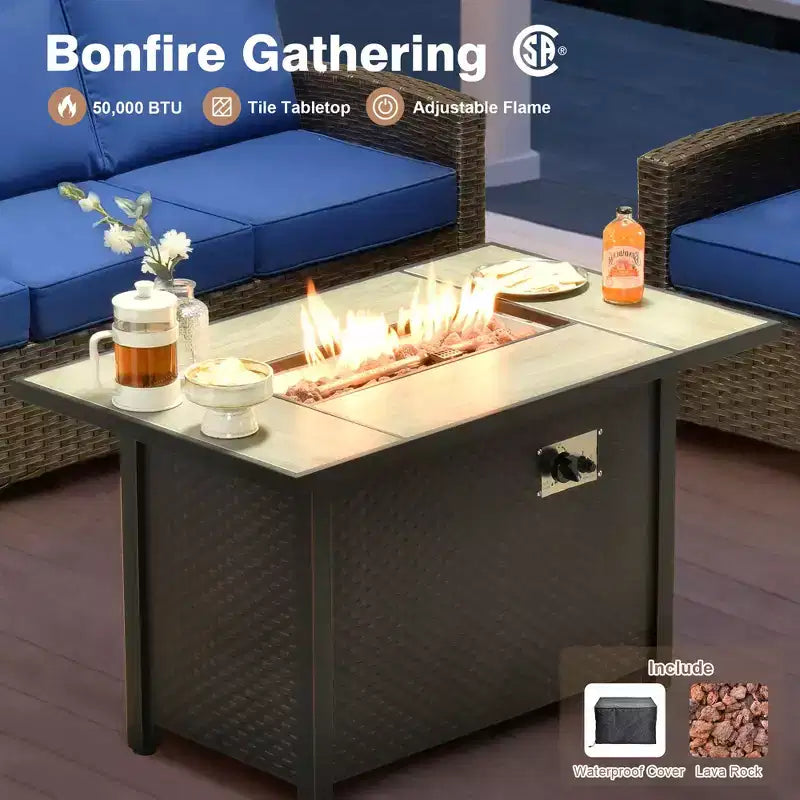 HOMLUX Ensemble de canapé d'extérieur 4 saisons 3+2+2 places avec foyer, mobilier de terrasse résistant aux intempéries pour le jardin