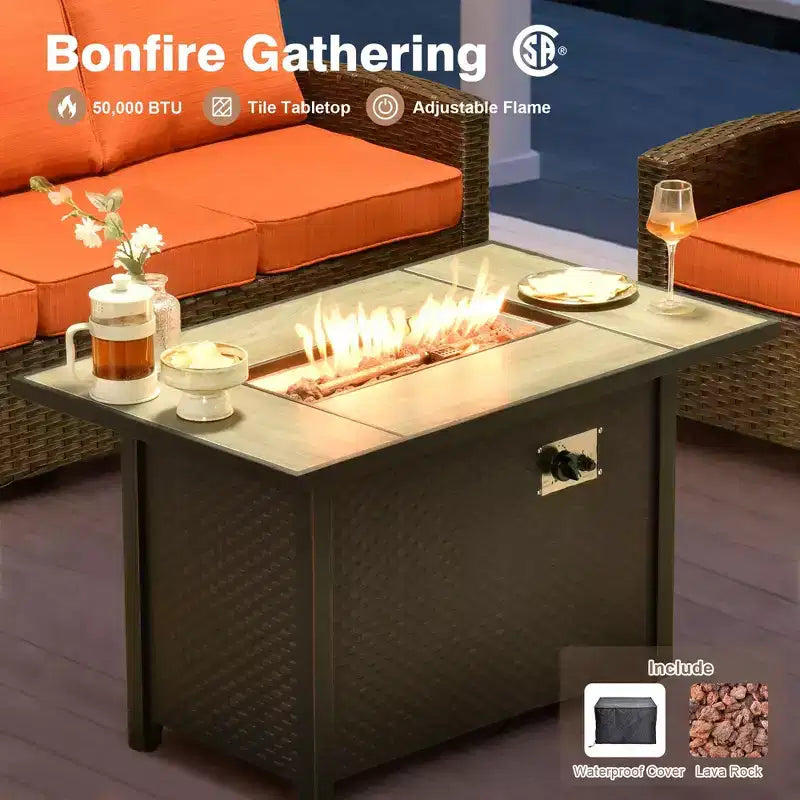 HOMLUX Ensemble de canapé d'extérieur 4 saisons 3+2+2 places avec foyer, mobilier de terrasse résistant aux intempéries pour le jardin