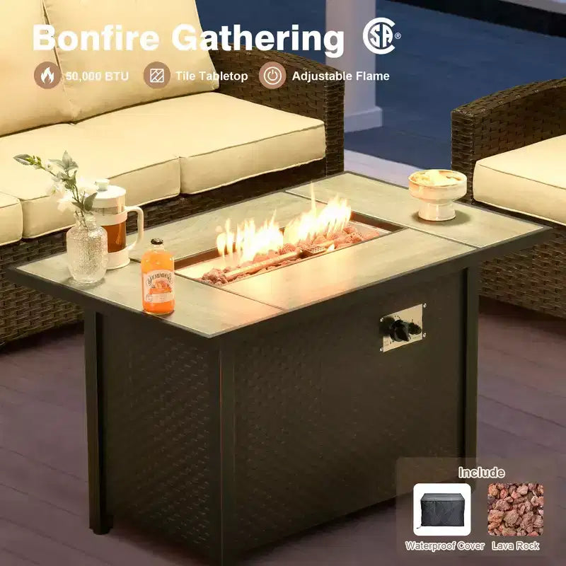 HOMLUX Ensemble de canapé d'extérieur 4 saisons 3+2+2 places avec foyer, mobilier de terrasse résistant aux intempéries pour le jardin