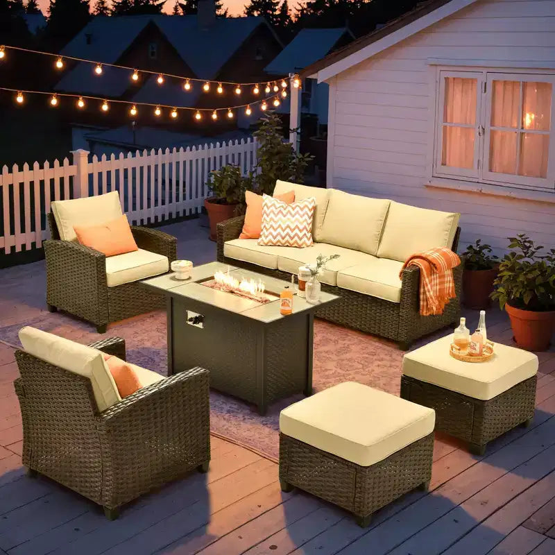 HOMLUX 4-Season Outdoor Sofa Set 3+2+2 Seating with Firepit Weatherproof Patio Furniture for Garden