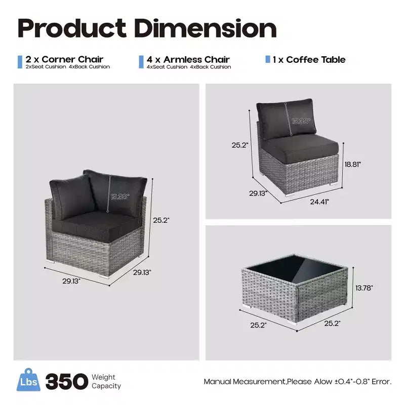 HOMLUX Salon de conversation 7 pièces pour patio, ensemble de canapés modulaires d'extérieur pour terrasse, jardin, balcon, bord de piscine