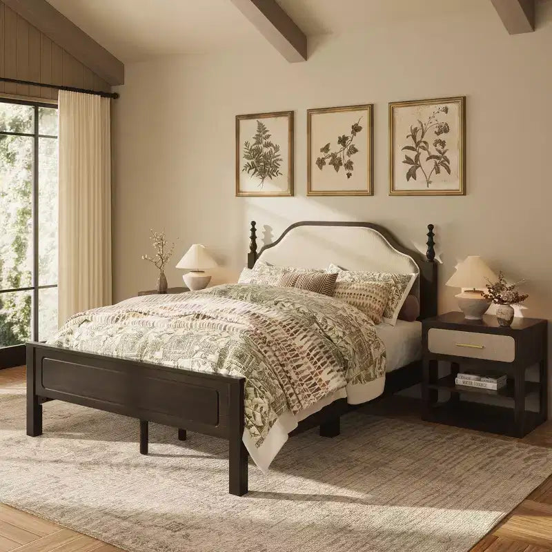 Queen Bedroom Set: Solid Wood Bed Frame with Upholstered Headboard & 2 Nightstands, No Box Spring