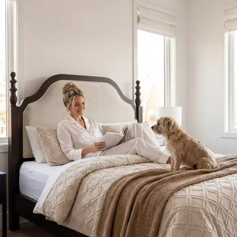 Queen Bedroom Set: Solid Wood Bed Frame with Upholstered Headboard & 2 Nightstands, No Box Spring