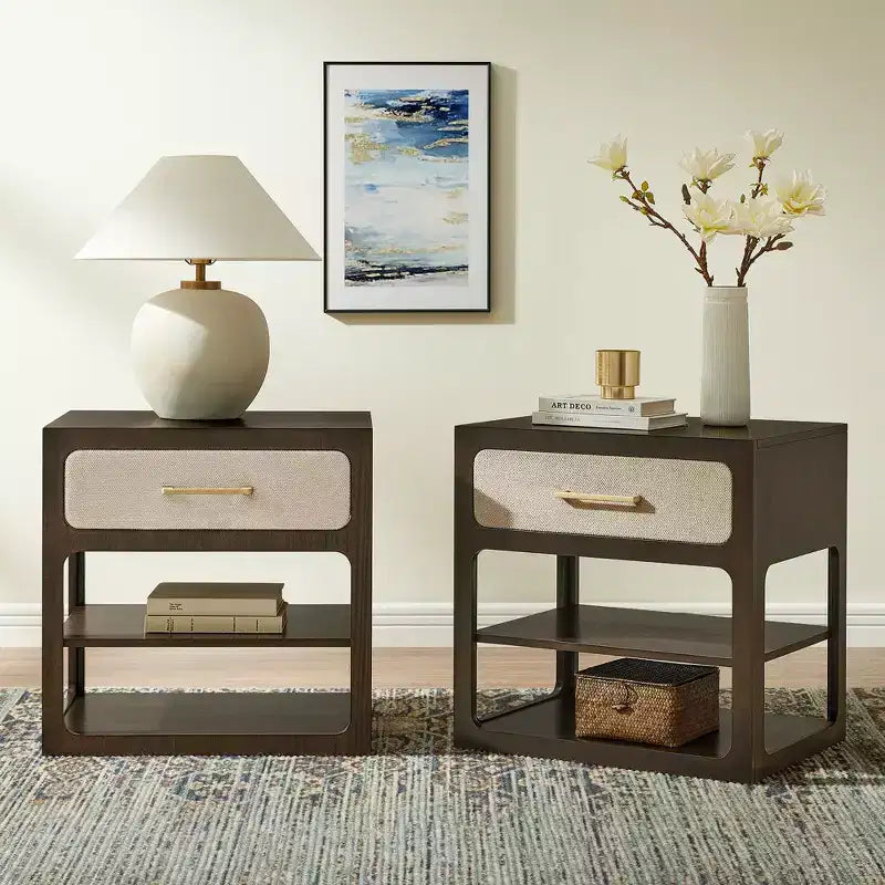 Queen Bedroom Set: Solid Wood Bed Frame with Upholstered Headboard & 2 Nightstands, No Box Spring