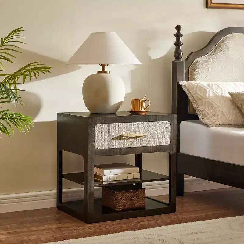 Queen Bedroom Set: Solid Wood Bed Frame with Upholstered Headboard & 2 Nightstands, No Box Spring