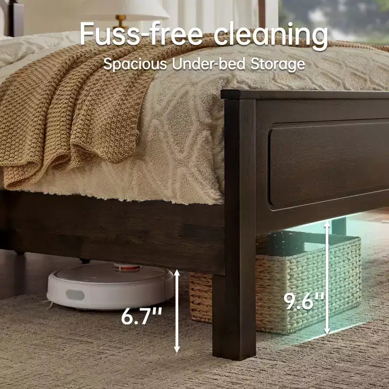 Queen Bedroom Set: Solid Wood Bed Frame with Upholstered Headboard & 2 Nightstands, No Box Spring