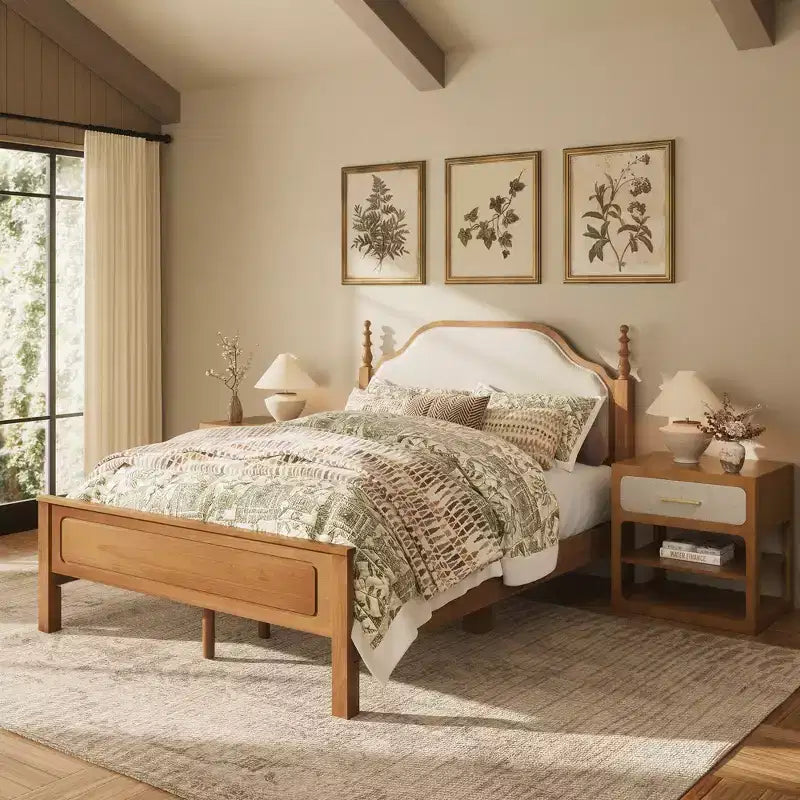 Queen Bedroom Set: Solid Wood Bed Frame with Upholstered Headboard & 2 Nightstands, No Box Spring