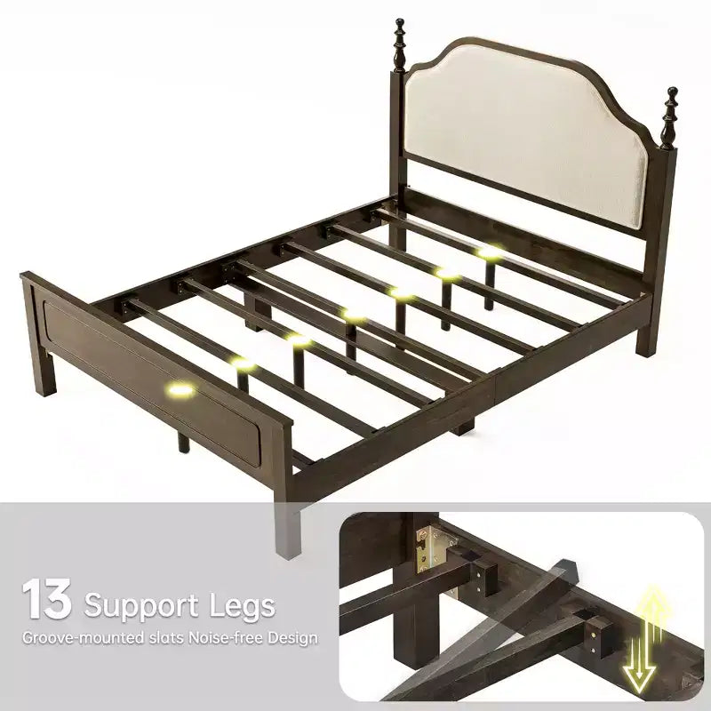Queen Bedroom Set: Solid Wood Bed Frame with Upholstered Headboard & 2 Nightstands, No Box Spring