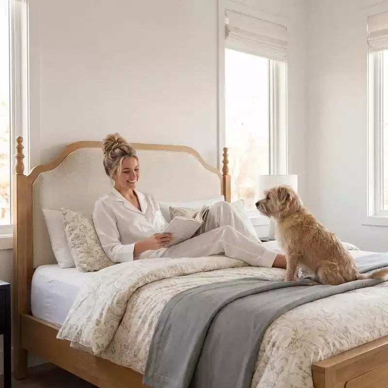 Queen Bedroom Set: Solid Wood Bed Frame with Upholstered Headboard & 2 Nightstands, No Box Spring