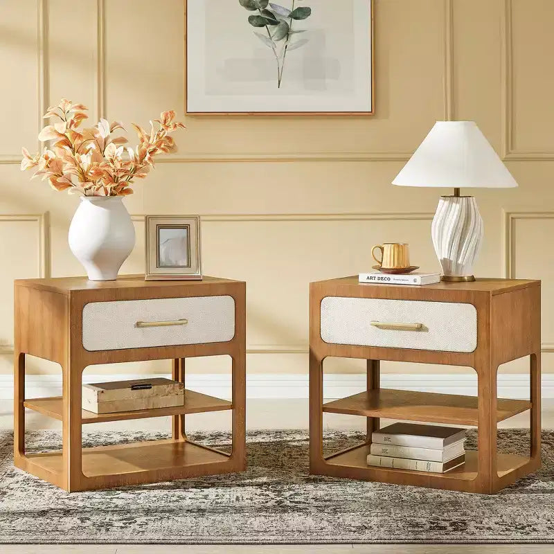 Queen Bedroom Set: Solid Wood Bed Frame with Upholstered Headboard & 2 Nightstands, No Box Spring