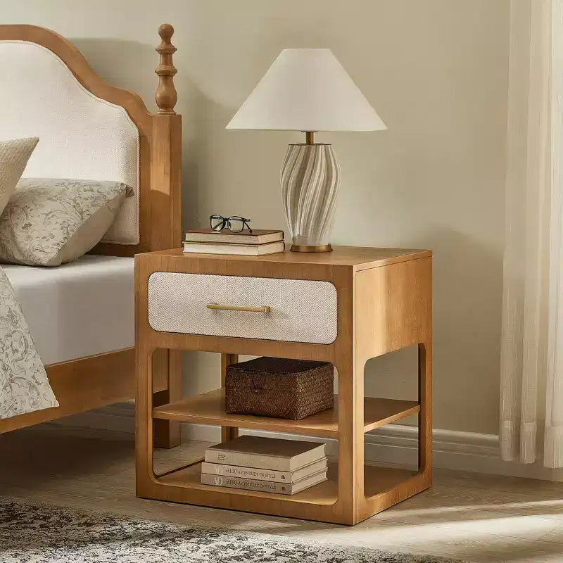 Queen Bedroom Set: Solid Wood Bed Frame with Upholstered Headboard & 2 Nightstands, No Box Spring