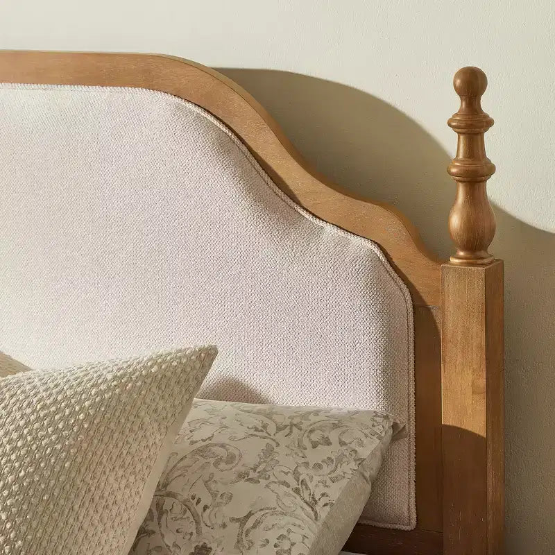 Queen Bedroom Set: Solid Wood Bed Frame with Upholstered Headboard & 2 Nightstands, No Box Spring