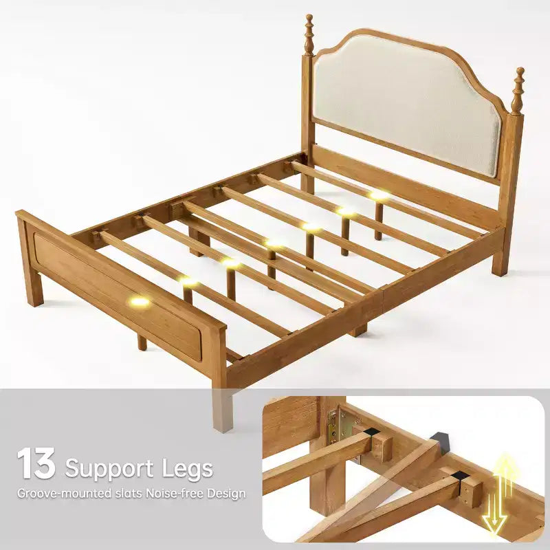 Queen Bedroom Set: Solid Wood Bed Frame with Upholstered Headboard & 2 Nightstands, No Box Spring