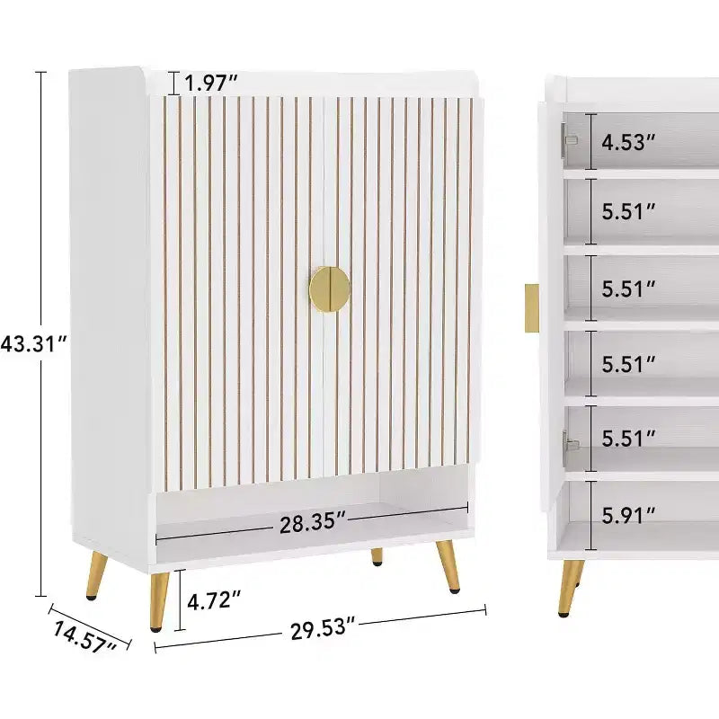 6-Tier Wooden Shoe Cabinet with Doors and Adjustable Shelves, White & Gold, for Entryway or Hallway