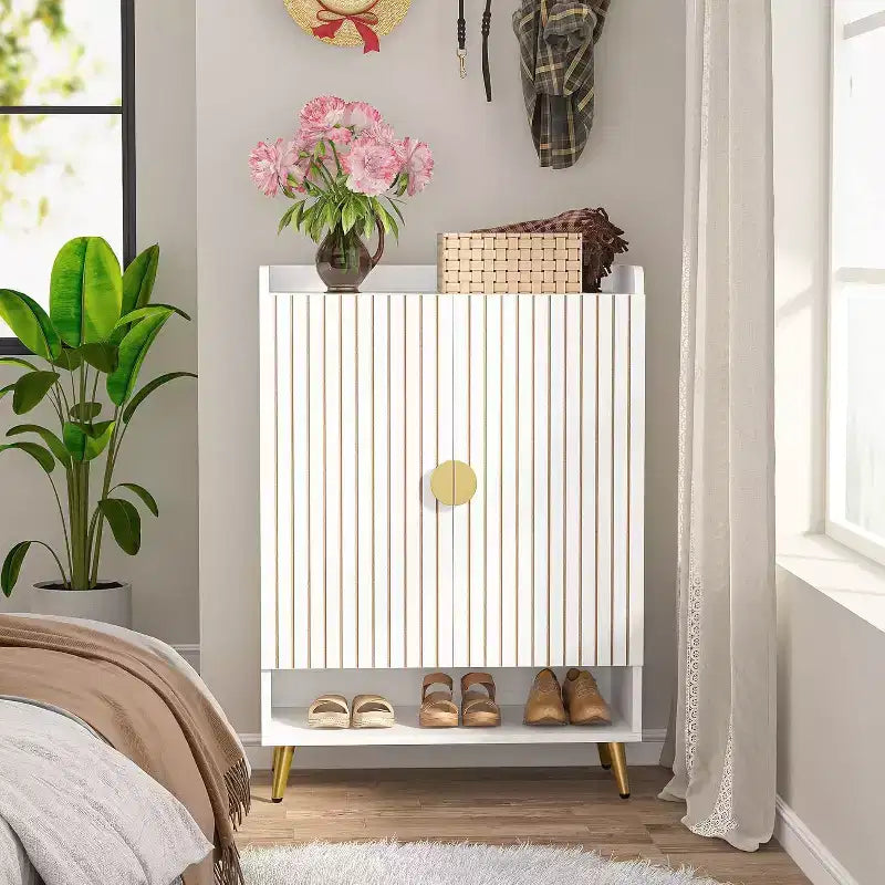 6-Tier Wooden Shoe Cabinet with Doors and Adjustable Shelves, White & Gold, for Entryway or Hallway