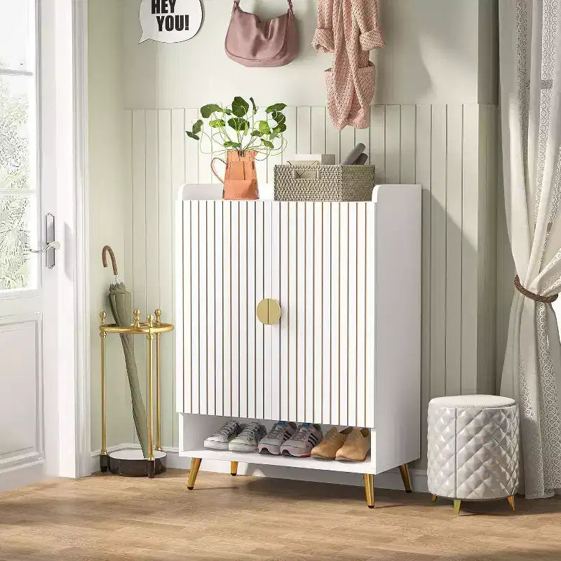 6-Tier Wooden Shoe Cabinet with Doors and Adjustable Shelves, White & Gold, for Entryway or Hallway
