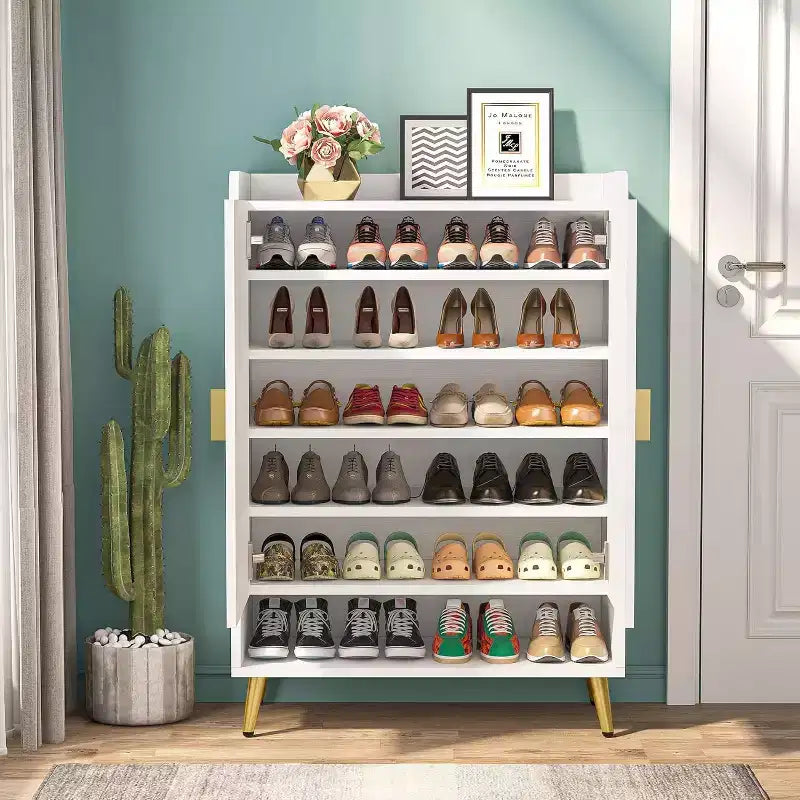 6-Tier Wooden Shoe Cabinet with Doors and Adjustable Shelves, White & Gold, for Entryway or Hallway