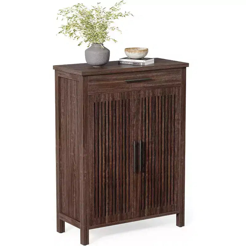 Narrow 6-Tier Wooden Shoe Rack with Drawer, Freestanding Slim Organizer for Entryway or Bedroom, Walnut