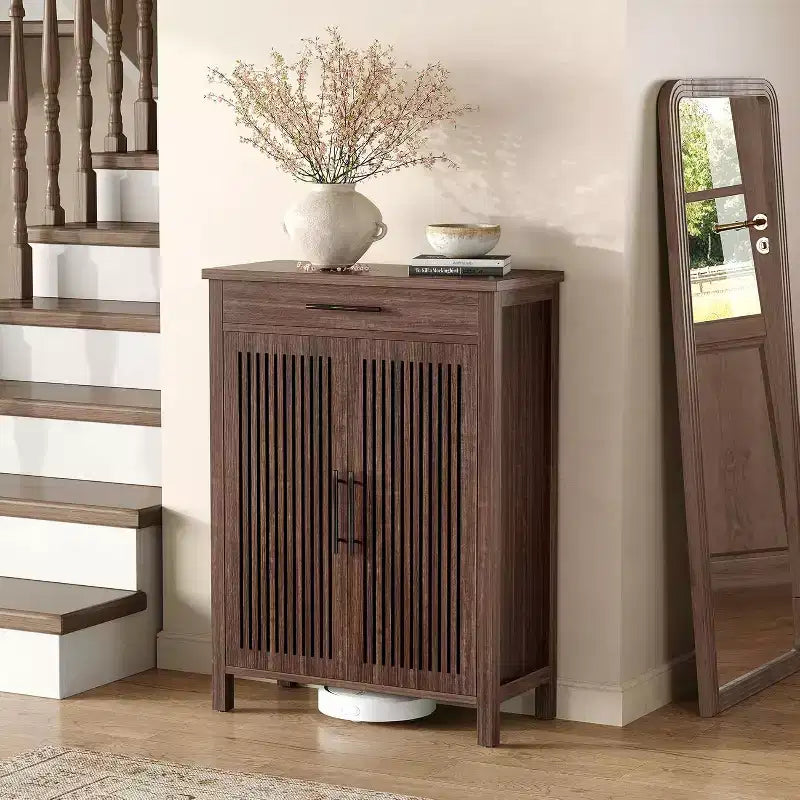 Narrow 6-Tier Wooden Shoe Rack with Drawer, Freestanding Slim Organizer for Entryway or Bedroom, Walnut