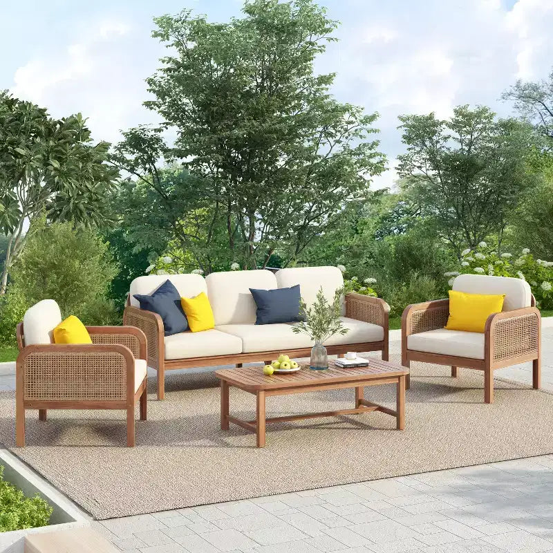 Christopher Knight Home Ximena Patio 4 Piece Farmhouse Acacia Wood Wicker Seating Set with Slatted Coffee Table