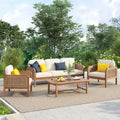 Christopher Knight Home Ximena Patio 4 Piece Farmhouse Acacia Wood Wicker Seating Set with Slatted Coffee Table