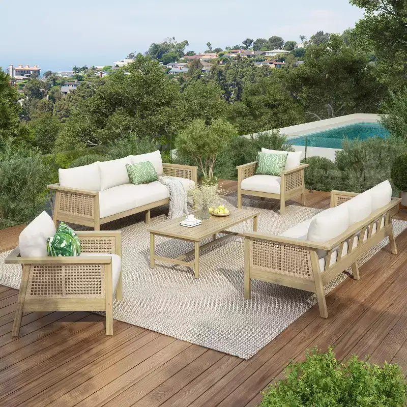 Christopher Knight Home Sejin Farmhouse 5 Piece Patio Acacia Wood Seating Set with Slatted Table and PE Wicker