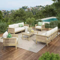 Christopher Knight Home Sejin Farmhouse 5 Piece Patio Acacia Wood Seating Set with Slatted Table and PE Wicker